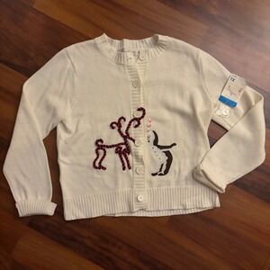 Susan Bristol Cream Reindeer & Penguin Christmas Cardigan Sweater XL